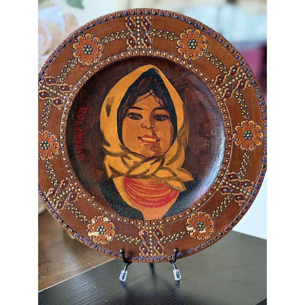 Vintage Romanian Folk Art Wood Plate Hand Painted Woman Portrait Romania 10 7/8"